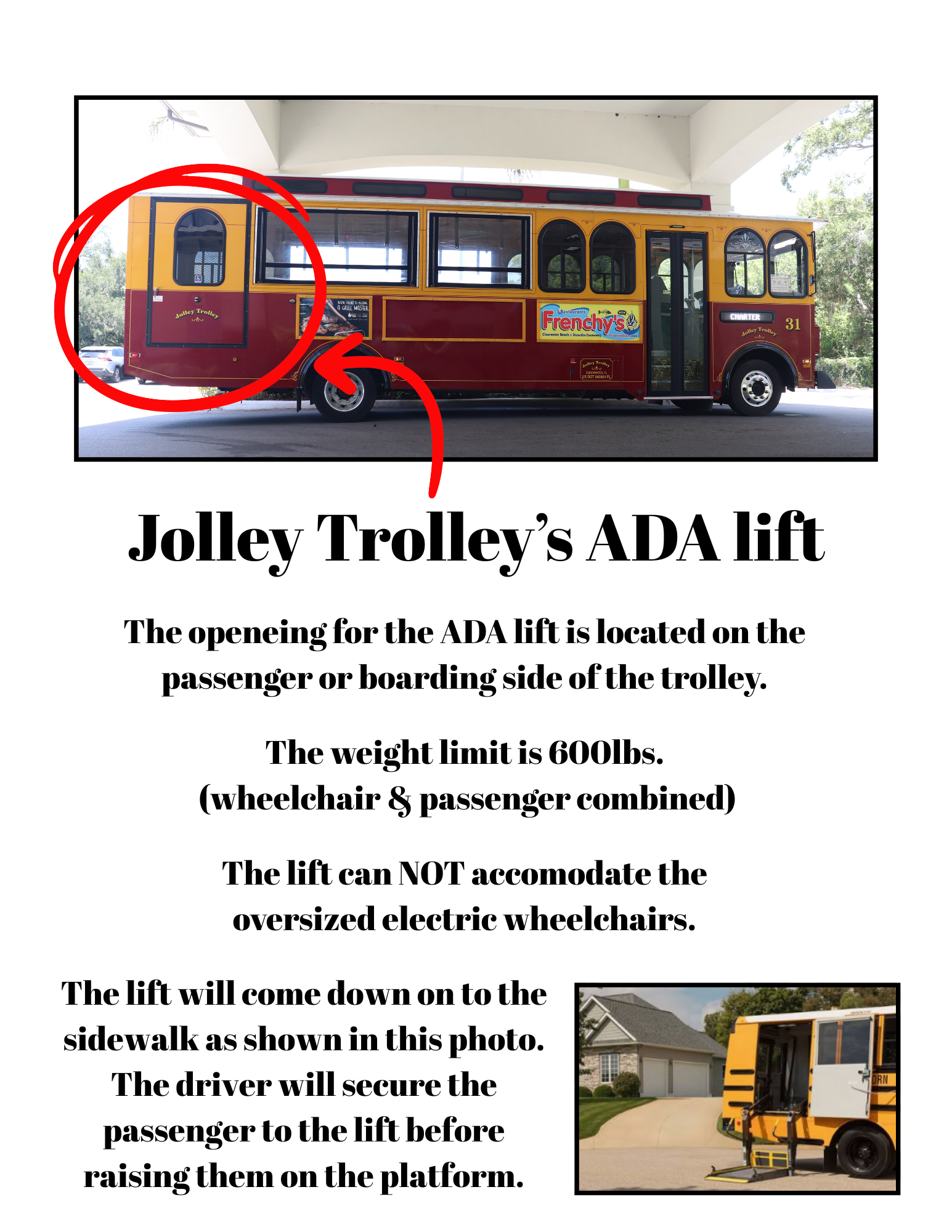 Informational flyer titled “Jolley Trolley’s ADA lift.” At the top is a photo of a yellow and maroon Jolley Trolley charter bus labeled “Frenchy’s.” A red circle and arrow highlight the rear passenger-side ADA lift door/opening on the trolley.
Text on the flyer reads:
“Jolley Trolley’s ADA lift
The openeing for the ADA lift is located on the passenger or boarding side of the trolley.
The weight limit is 600lbs.
(wheelchair & passenger combined)
The lift can NOT accomodate the oversized electric wheelchairs.
The lift will come down on to the sidewalk as shown in this photo.
The driver will secure the passenger to the lift before raising them on the platform.”
At the bottom right is a smaller photo showing a yellow bus with its wheelchair lift lowered to the sidewalk.