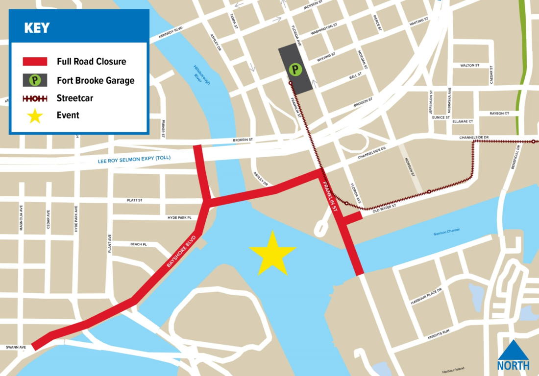 Map of road closures near Tampa Convention Center