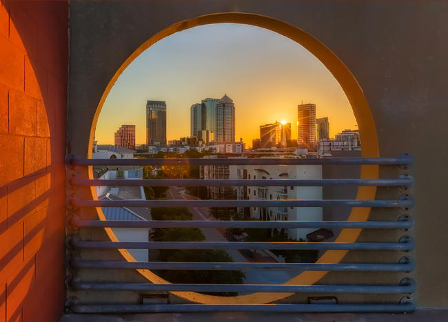 City of Tampa Skyline through a round portal