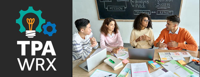 TPA-WRX - group of four youth gathered at table with books, reports and binders