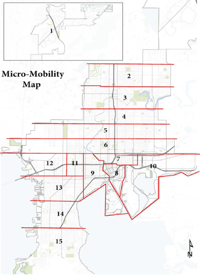 A map of the 15 shared micromobility zones in the City of Tampa boundaries.