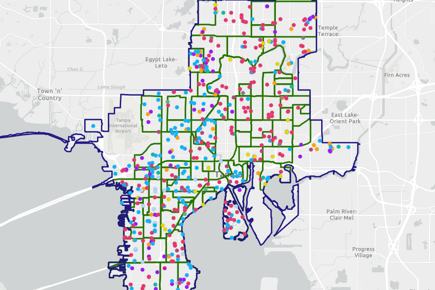 Stormwater management map with colored markers over city layout.