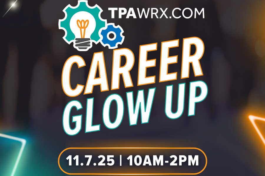 Career Glow Up event graphic with date and time, featuring gear and lightbulb icons.